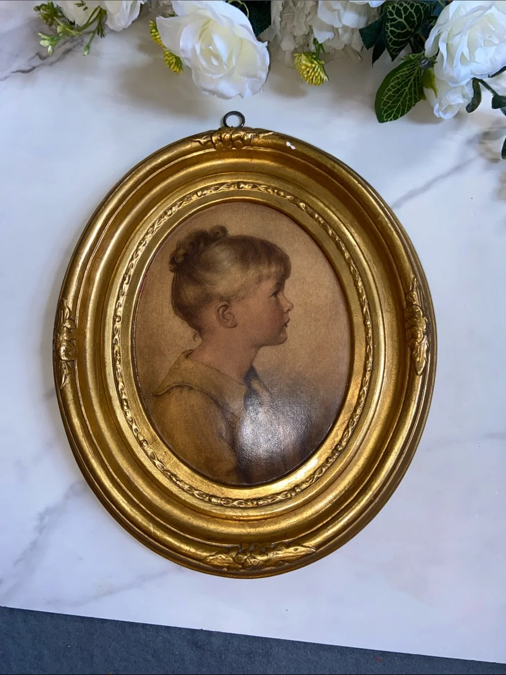 Gold Tone Oval Wall Frame with Vintage Portrait
